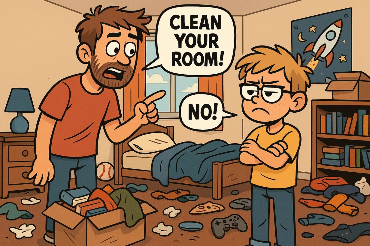 Father asks son to clean his room.